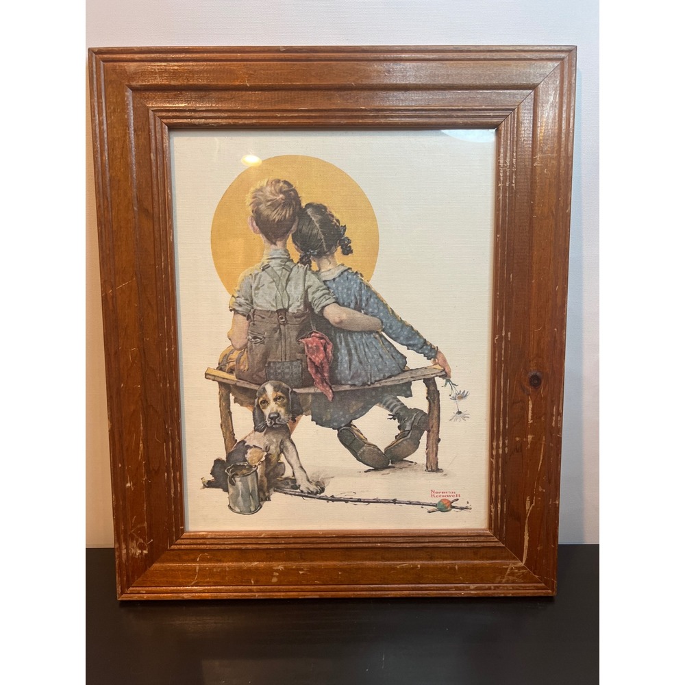 Norman Rockwell Framed Print Brown Sunset Boy and Girl Puppy Love Vintage Art